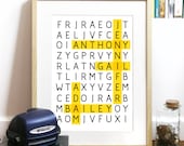 WORD PUZZLE Poster for Family or Friends Great gift Print Typography Art Poster in White - A3 Poster art print - custom Poster personalized