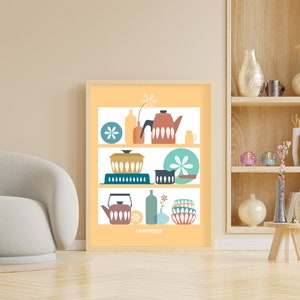 Digital print Cathrineholm Mid Century Modern shelves Cathrineholm enamelware Poster Kitchen wall art YELLOW background mid century kitchen image 3