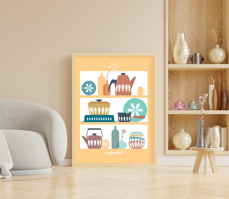 Digital print Cathrineholm Mid Century Modern shelves Cathrineholm enamelware Poster Kitchen wall art YELLOW background mid century kitchen image 3