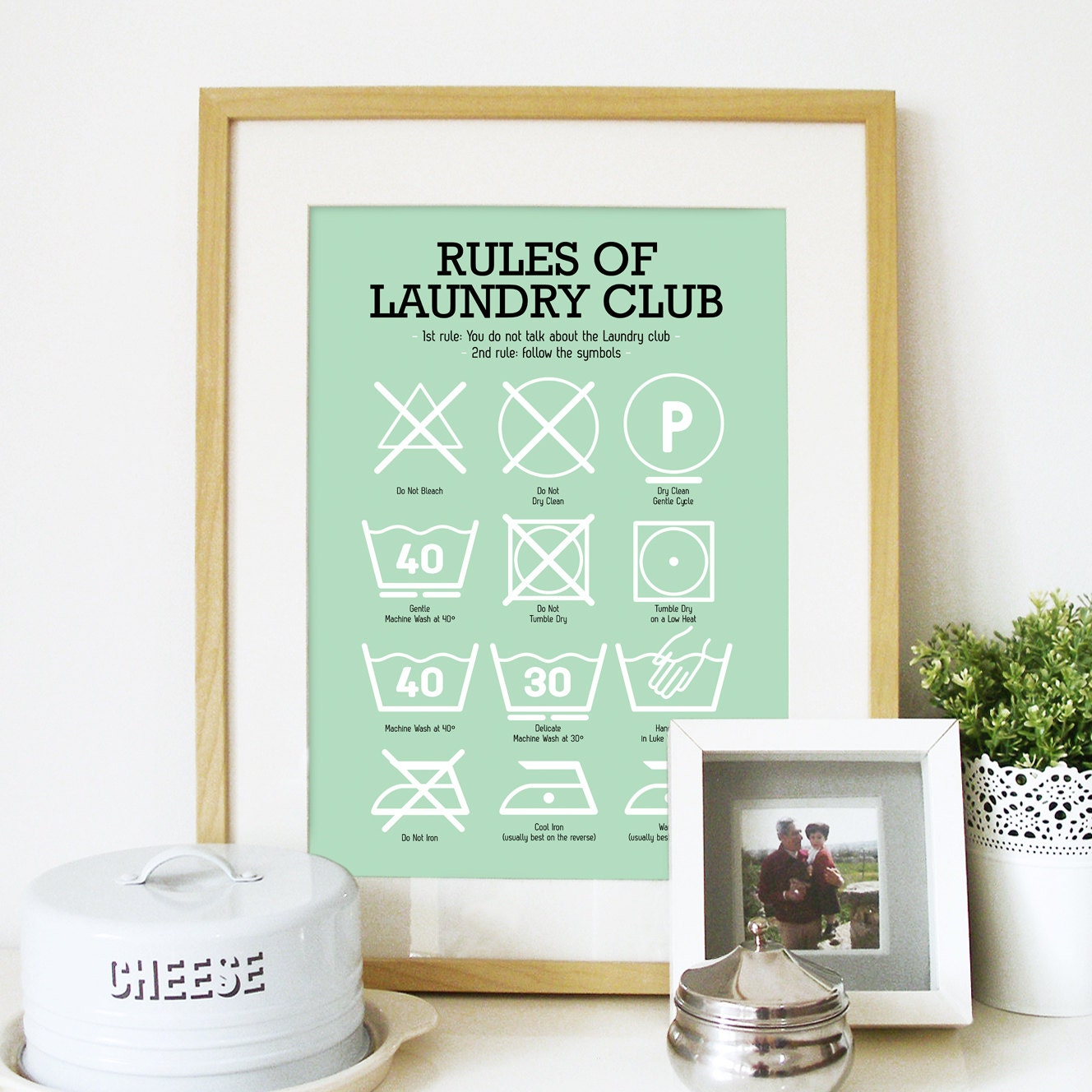 Laundry Room Poster with Laundry Pictograms in Light mint