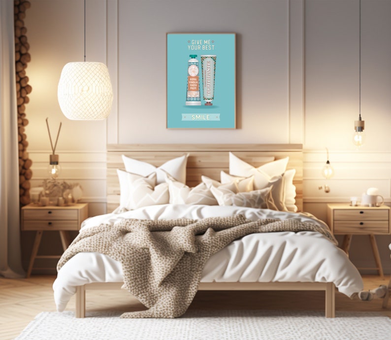 May include: A light blue poster with the text "Give me your best smile" and two tubes of toothpaste, one with the text "Cool Vanilla Mint Paste" and the other with the text "Fresh Mint Toothpaste".