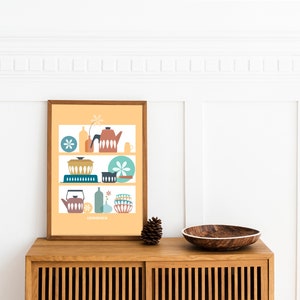 Digital print Cathrineholm Mid Century Modern shelves Cathrineholm enamelware Poster Kitchen wall art YELLOW background mid century kitchen image 4