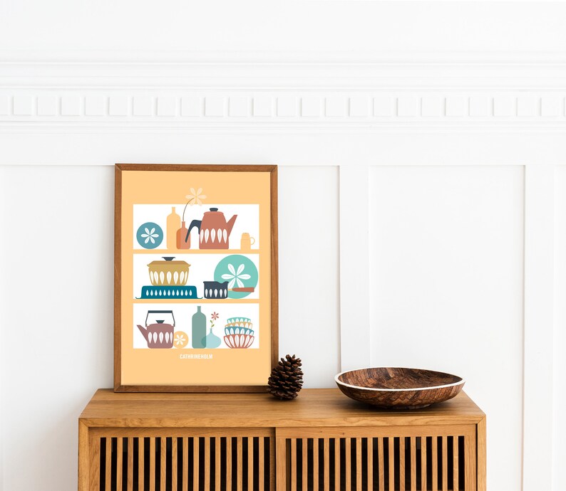 Digital print Cathrineholm Mid Century Modern shelves Cathrineholm enamelware Poster Kitchen wall art YELLOW background mid century kitchen image 4