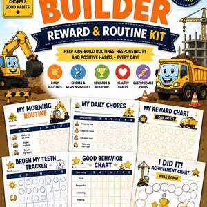 Op de afbeelding: Een Little Builder belonings- en routineset met 30 printbare grafieken met bouwvoertuigafbeeldingen. Bevat trackers voor ochtendroutines, dagelijkse klusjes, beloningen, tandenpoetsen en goed gedrag voor het bijhouden van gewoontes.