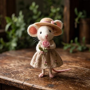Puede incluir: Una figura de ratón de lana fieltrada que lleva un vestido beige con pequeñas flores bordadas y un sombrero de ala ancha a juego con un detalle de rosa rosa. El ratón sostiene una rosa de fieltro rosa en sus patas y tiene una cola fina y larga.