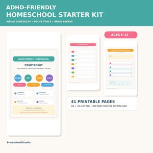 May include: ADHD-Friendly Homeschool Starter Kit with 41 printable pages in A4 and US Letter sizes for ages 6-12. Includes visual schedules, focus tools, and brain breaks with colorful icons and text labels for planning, doing, breaking, and checking tasks.