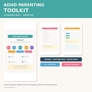 Puede incluir: Un kit de herramientas para padres con TDAH que incluye 40 páginas imprimibles en formato de descarga digital. El documento contiene secciones sobre rutinas, comunicación, refuerzo positivo y reparación, en tamaños A4 y US Letter.