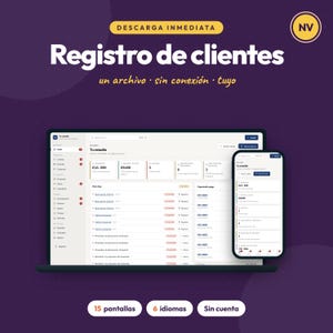 Op de afbeelding: Een digitaal klantregistratiesjabloon weergegeven op een laptop- en smartphonescherm. De interface bevat een dashboard met financiële statistieken, takenlijsten en navigatiemenu's. Tekst: "Registro de clientes", "DESCARGA INMEDIATA", "15 pantallas", "6 idiomas", "Sin cuenta".