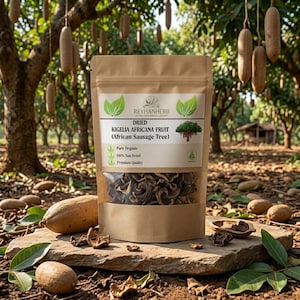 Puede incluir: Una bolsa de papel marrón que contiene fruta seca de Kigelia Africana, también conocida como árbol de salchichas africano. La etiqueta incluye el texto REYHANHERB, DRIED KIGELIA AFRICANA FRUIT, African Sausage Tree, Pure Organic, 100% Sun Dried y Premium Quality.