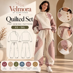 May include: A quilted set PDF sewing pattern by Velmora by Azan Khan, featuring a mock neck pullover with diagonal buttons and matching cargo-style joggers in cream and mauve. Includes technical line drawings and size range XS-5XL.