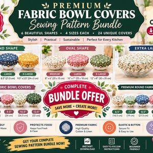 Puede incluir: Un paquete de patrones de costura para cubiertas de tela para tazones, con formas redondas, ovaladas y extra grandes en varios estampados florales. La descarga digital incluye instrucciones para 24 cubiertas de 16,5 cm a 32 cm de diámetro.