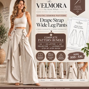May include: A digital sewing pattern for drape strap wide leg pants by Velmora by Azan Khan. The bundle includes A4, US letter, A0, projector, and layered PDF formats with a step-by-step guide for sizes XXS to 5XL, featuring front, back, and side views.