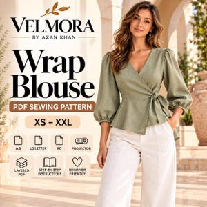 Solenne Wrap Peplum Blouse Sewing Pattern, Puff Sleeve Tie Waist Top (PDF)
