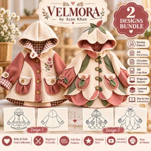 Può includere: Un set di cartamodelli per 2 modelli di cappotti per bambini di Velmora by Azan Khan. Il modello 1 è un cappotto con cappuccio beige e rosa polvere con fodera a quadretti marrone e ricami floreali. Il modello 2 è un cappotto a forma di petali.