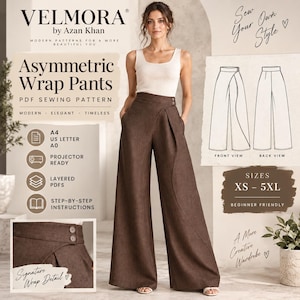 May include: A PDF sewing pattern for asymmetric wrap pants by Velmora by Azan Khan. The design features wide-leg brown trousers with a high waist, two side buttons, and a wrap-style front. Includes technical line drawings and size range XS-5XL.
