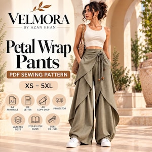 Petal Wrap Pants Sewing Pattern, Wide-Leg Trousers, Layered Design (PDF)