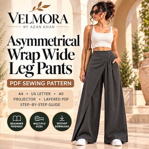Cartamodello per pantaloni asimmetrici a portafoglio / Pantaloni a vita alta fluidi (PDF digitale)