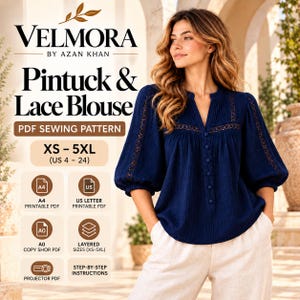 Naaipatroon voor een blouse met plooien en kant | Top met ballonmouwen (PDF, digitale download)
