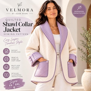 May include: A quilted shawl collar jacket sewing pattern by Velmora by Azan Khan. The jacket is cream-colored with lavender trim, featuring a wide shawl collar, cuffed sleeves with buttons, and two large patch pockets with button accents.