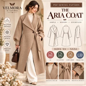 May include: A PDF sewing pattern for The Aria Coat, a long beige coat with a wide collar, single button closure, and a side tie belt. The image includes technical line drawings, size range XS to XXXL, and icons for A4, US Letter, and projector files.