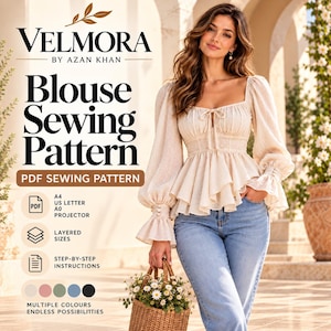 Solenne blouse met strik in de hals en peplum, naaipatroon voor een top met pofmouwen in cottagecore-stijl (PDF)