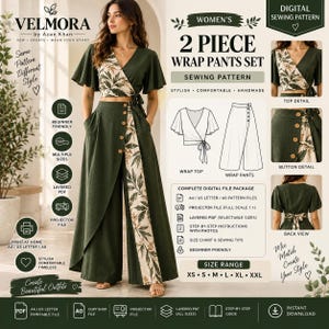 May include: A digital sewing pattern for a two-piece wrap pants set by Velmora. The set includes a wrap top with flutter sleeves and wide-leg wrap pants, both featuring a solid dark green fabric with a cream and green leaf-patterned panel.