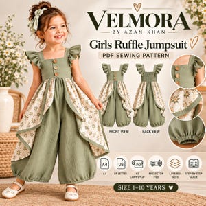 Puede incluir: Un patrón de costura en PDF para un mono con volantes para niña de Velmora by Azan Khan. El mono es de color verde salvia con una superposición de estampado floral, mangas con volantes y tres botones en el corpiño. Incluye archivos A4, US, A0.