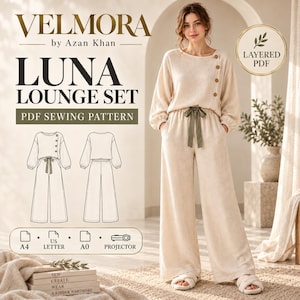 May include: A beige lounge set sewing pattern by Velmora by Azan Khan, featuring a long-sleeved top with three side buttons and wide-leg pants with a dark green tie waist. The image includes technical line drawings and format icons.