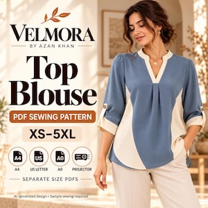 Blue Ivory Color-Block Blouse Sewing Pattern | V-Neck Tunic PDF