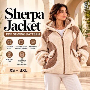 Patrón de costura en PDF para chaqueta Sherpa de mujer, con capucha y forro polar, tallas XS-3XL (descarga digital)