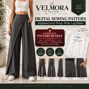 May include: A digital sewing pattern for asymmetrical wrap wide leg trousers by Velmora. The bundle includes A4, US Letter, A0, and projector files with a step-by-step guide. The trousers feature a high waist with two buttons and a side pocket.
