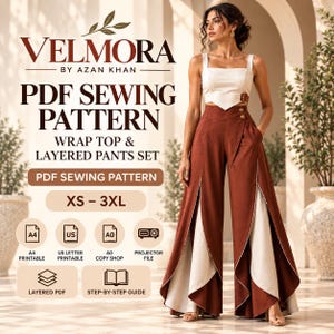 May include: A PDF sewing pattern for a wrap top and layered pants set by Velmora by Azan Khan. The set includes a white sleeveless wrap top and rust-colored wide-leg pants with a layered design, available in sizes XS to 3XL with A4, US, and A0 files.