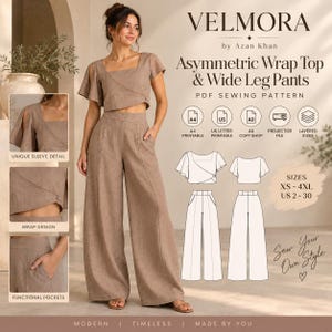 Puede incluir: Un patrón de costura en PDF para un top cruzado asimétrico y pantalones anchos de Velmora by Azan Khan. El conjunto incluye un top marrón con mangas abiertas y pantalones anchos a juego con bolsillos. Incluye archivos A4, US, A0 y proyector.