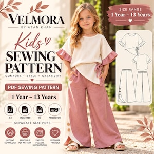 Patrón de costura para top de manga con volantes y pantalón cruzado para niñas (Tallas de 1 a 13 años)