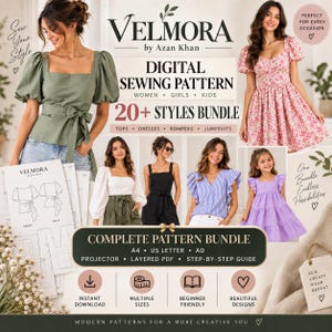 May include: A digital sewing pattern bundle by Velmora by Azan Khan featuring 20+ styles including tops, dresses, rompers, and jumpsuits. Includes A4, US Letter, A0, projector, and layered PDF formats with a step-by-step guide for instant download.