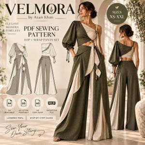 May include: A PDF sewing pattern for a two-piece set featuring an olive green and beige one-shoulder top with puff sleeves and matching wrap pants. The set includes technical line drawings, text labels for A4, US, and A0 formats, and sizes XS-XXL.