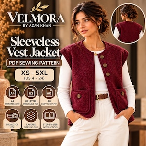 May include: A burgundy textured sleeveless vest jacket PDF sewing pattern by Velmora by Azan Khan. The pattern includes sizes XS-5XL (US 4-24) with A4, US Letter, and A0 printable formats, projector PDF, layered sizes, and step-by-step instructions.