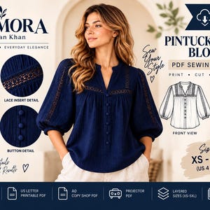 Op de afbeelding: Een PDF-naaipatroon voor een marineblauwe blouse van Velmora by Azan Khan met een split-halslijn, kanten inzetstukken en knoopdetails. Het patroon bevat maten XS tot 5XL, technische schetsen van voor- en achterkant, elastische manchetten en printformaten.