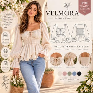 Puede incluir: Una blusa beige de manga larga con escote cuadrado, detalle de lazo frontal y dobladillo con volantes. La imagen muestra un patrón de costura en PDF de Velmora, incluyendo dibujos técnicos y detalles del escote, las mangas y la espalda.
