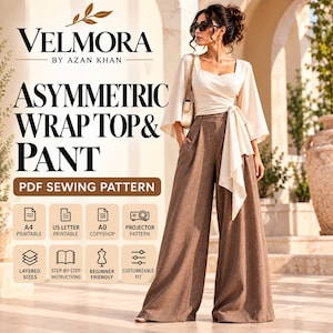 Patrón de costura Velmora: Top cruzado asimétrico y pantalones de pierna ancha (PDF)