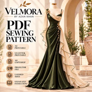 Könnte beinhalten: Ein bodenlanges dunkelgrünes Kleid mit engem Oberteil und beigem Chiffon-Überwurf. Das Kleid hat goldene Blumenverzierungen an Schulter und Taille. Der Text lautet: VELMORA BY AZAN KHAN PDF SEWING PATTERN A4 US LETTER A0.