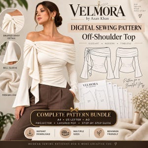 Puede incluir: Un patrón de costura digital para un top de hombros descubiertos de Velmora by Azan Khan. El diseño presenta un detalle de nudo drapeado, mangas acampanadas y un corte ajustado. El paquete incluye archivos PDF A4, US Letter, A0 y proyector.
