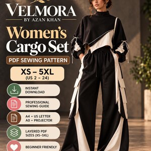 Puede incluir: Un patrón de costura en PDF para un conjunto cargo en blanco y negro de Velmora by Azan Khan. El conjunto incluye un top corto de manga larga con lazos y pantalones cargo anchos con bolsillos laterales. Texto: Women's Cargo Set, XS-5XL, US 2-24.