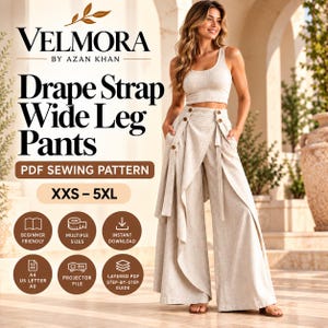 Drape Strap Wide Leg Pants Sewing Pattern, Asymmetric Cascade Trousers (PDF)
