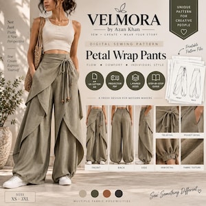 May include: A digital sewing pattern for Petal Wrap Pants by Velmora by Azan Khan. The image displays the pants in olive green with a tie waist, wide legs, and pockets. It includes technical details, size range XS-3XL, and printable files.