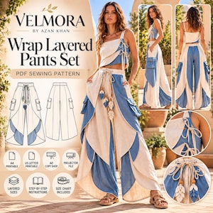 May include: A PDF sewing pattern for a wrap layered pants set by Velmora by Azan Khan. The set includes a cropped top and wide-leg pants featuring a two-tone beige and blue design with side cargo pockets, tie-side details, and decorative leaf charms.
