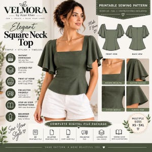 Elegant Square Neck Flutter Top Sewing Pattern | Fitted Bodice, Peplum Hem (Digital Download)