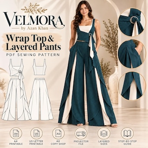 Statement Wrap Set Sewing Pattern, Asymmetric Top & Wide Leg Pants (PDF)