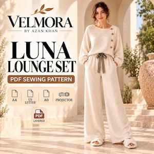 VELMORA Lounge Pajama Set Sewing Pattern, Relaxed Button Top & Wide Leg Pants (PDF)