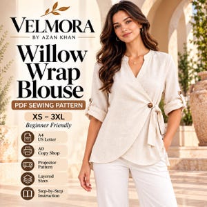 Patrón de costura para blusa cruzada Willow, manga enrollable, cintura ajustable (PDF)